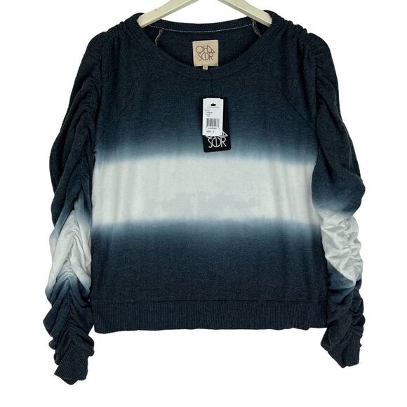 New Chaser Women Sweatshirt Shirred Sleeve Cozy Pullover Grey White Sweater US S - Picture 1 of 8